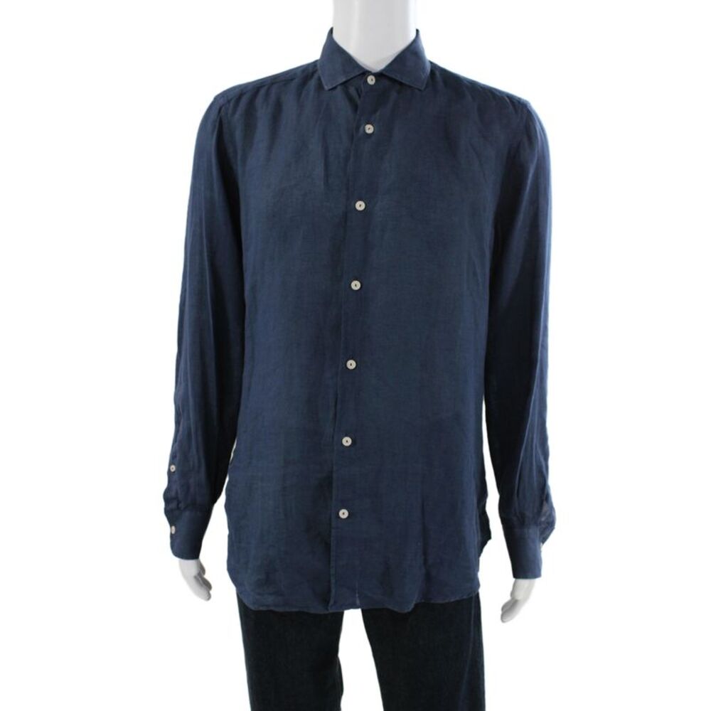 MC2 Saint Barth Mens Linen Button Down Shirt Navy Blue Size Large
